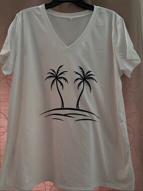 Women’s White V-Neck Short Sleeve Tee with Black Palm Print